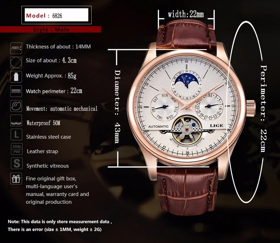Lige top бренд класса люкс Tourbillon фазы Луны циферблат Для Мужчин's часы кожа ремень Водонепроницаемый механические часы Для мужчин Дата Zegarek мески