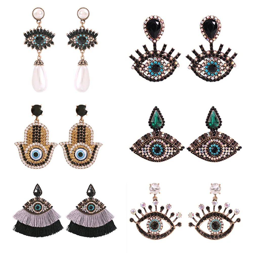 

Creative Turkish Evil Eye Long Drop Earrings For Women Fashion Zircon Pearl Tassel Fatima Hand Dangle Earring Exaggerate Jewelry