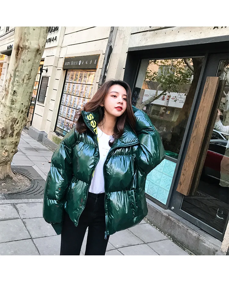 Korean-style Printed Letter Fashion-Versatile Coat Photo Shoot Short Bright Surface down Jacket Women's Winter New Style Co