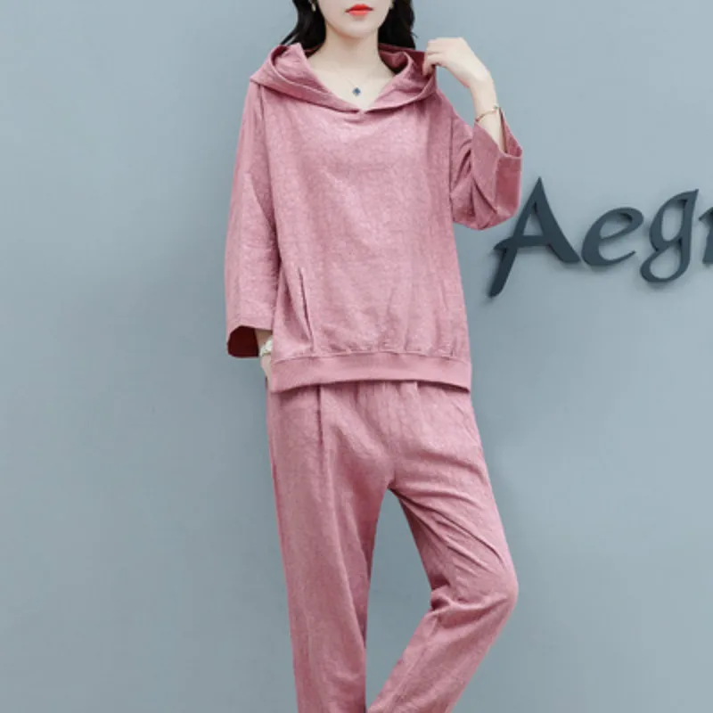

Cotton and hemp suit new pure color loose leisure sports suit for women in autumn 2019