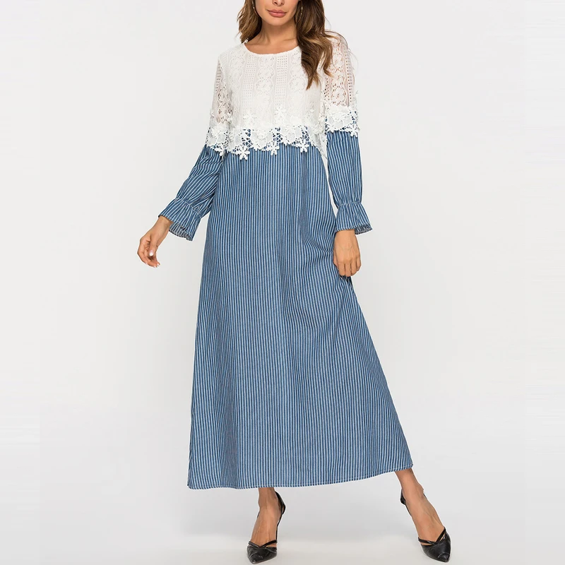 MISSJOY элегантные свободные женские мусульманские платья Abayas Лоскутные Полосатые кружевные женские халаты повседневные турецкий кафтан Большие размеры исламский