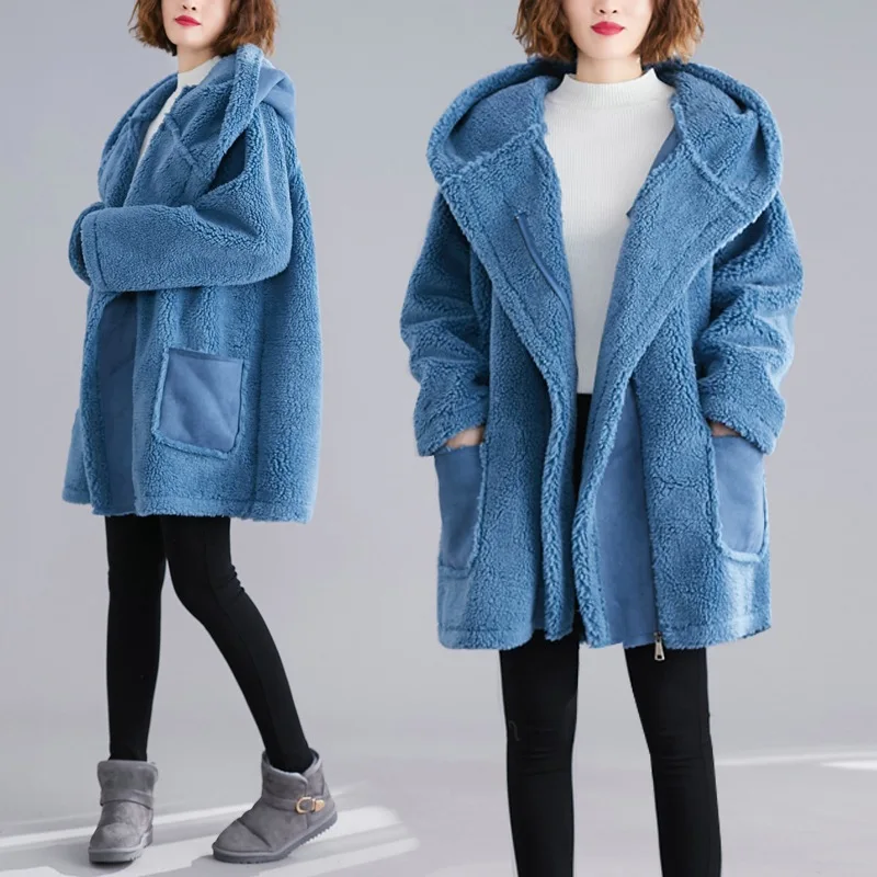 

2019 Winter New Style Korean-style Sweet Short-height Loose-Fit Mid-length by Age Slimming Hooded Lambs Wool Overcoat