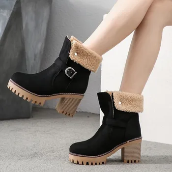 

Boots Women Winter Warm Boots Square High Heel Buckle Bare Boots Casual Booties женская обувь botas de mujer botas mujer