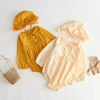 

Cute Girls Toddler Beige Yellow Color Clothes with Hat Spring Autumn Sweet Kids Fashion Holiday New Rompers