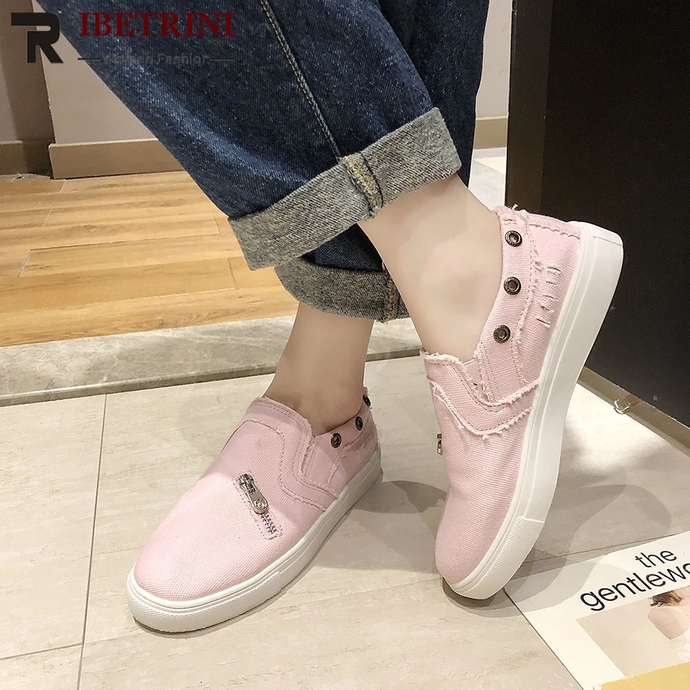 

RIBETRINI Consise Office Female Shoes Woman Zipper Hemp Solid Round Toe Spring Flats Women Casual Low Heel Comfortable Flats