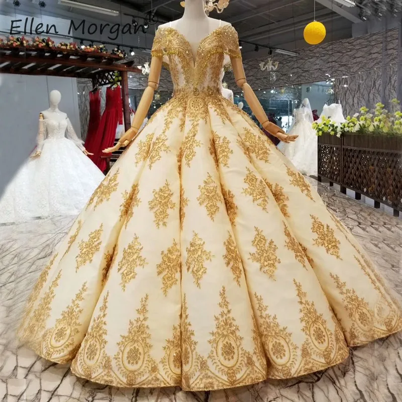 Vestidos De Novia Золотое свадебное платье длинное роскошное с открытыми плечами Бисероплетение Кружева Аппликация Длина до пола Формальное свадебное бальное платье