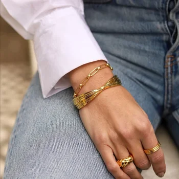 

Street Style French Minimalist Taxture Wave Gold Plated Cuff Bangles Bracelets For Women Bow Shape Open Adjustable Bracelets
