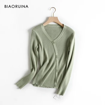 

BIAORUINA 4 Color Women's Solid Casual All-match Slim Knit Cardigans Female V-neck Single Breasted Korean Style Sweater