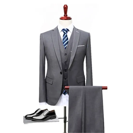 New men leisure single-breasted suits 3 pieces sets / Man's pure color business suit jacket blazers coat+ vest+pants - Цвет: 3 PCS hui se