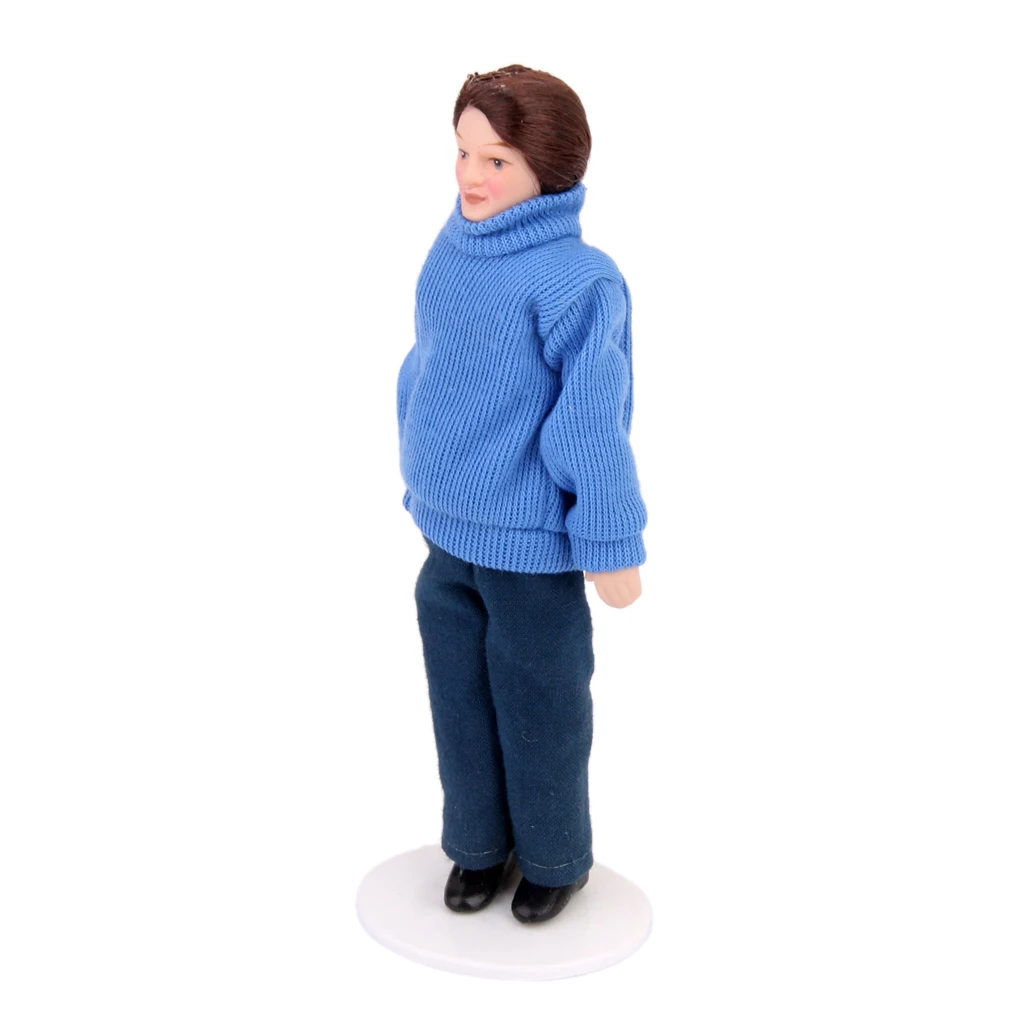 Dolls House Miniature Porcelain People Figure Man in Blue Sweater with Stand