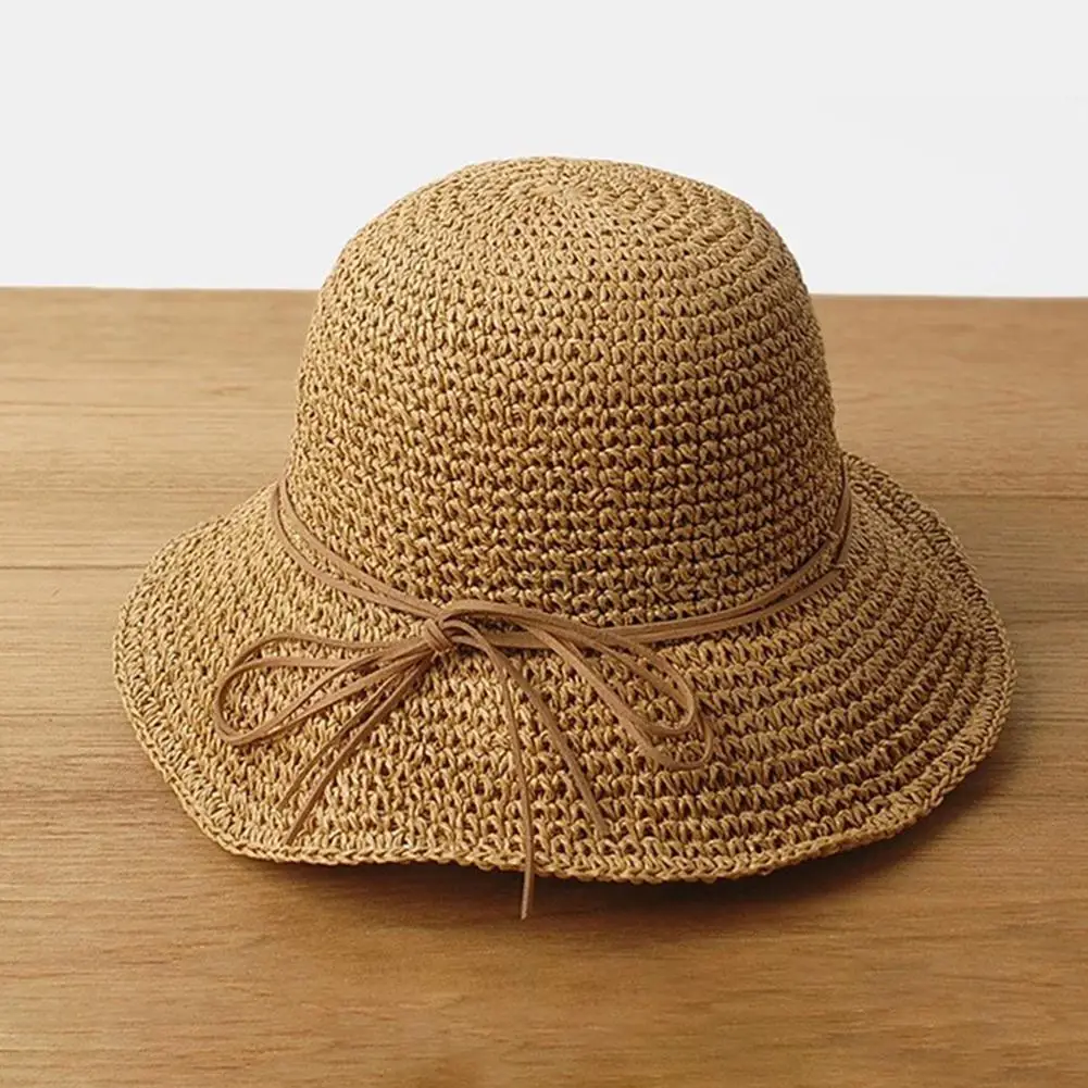 Studyset Summer straw weaving Braided UV Protection Bow Knot Beach Hat Foldable Bucket Cap crocheting