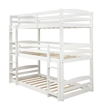 

Wooden Triple Bunk Bed Frame Three Layers with Built-In Ladder Guardrails for Kids Children White Gray Bedroom Furniture