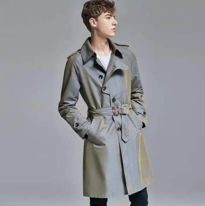 Синий Mens Single-breasted trench coats man Medium length coat men casual clothes slim fit overcoat long sleeve new designer - Цвет: Синий