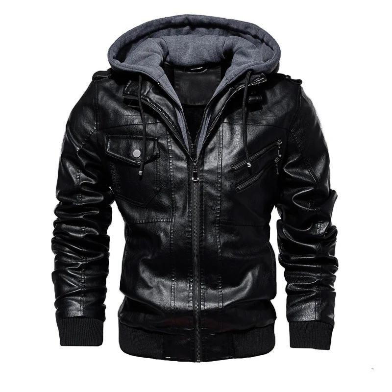 Зимняя кожаная мужская куртка из искусственной кожи с капюшоном, мужская верхняя одежда, теплая куртка из искусственной кожи высокого качества, Классическая мотоциклетная куртка