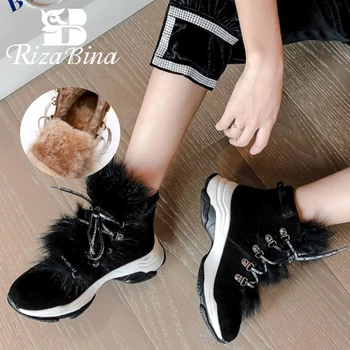 

RIZABINA Real Leather Women Snow Boots Fashion Sneaker Warm Fur Casual Boot Lady Plush Winter Shoes Woman Footwears Size 35-39