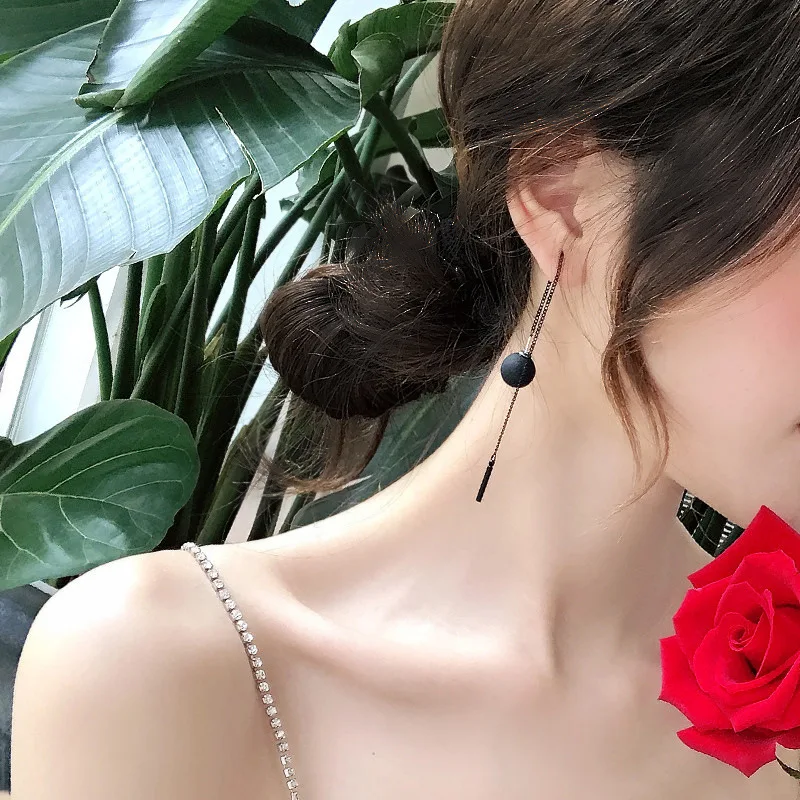 New 2020 Long Tassels Earring Black Joker Contracted Metal Ball Drop Earrings Women Temperament Fashion Jewelry - Image 2
