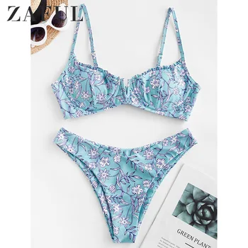 

ZAFUL 2020 Floral Print Lettuce Lace-Up Bikini Set Strapless Off The Shoulder Bandeau Bikini Swimwear Women Bathing Suit Sexy