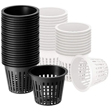 

3 Inch Net Cup Hydroponic Tank, 50Pack Hydroponic Planting Basket, Used for Hydroponics, Slotted Mesh, Black and White