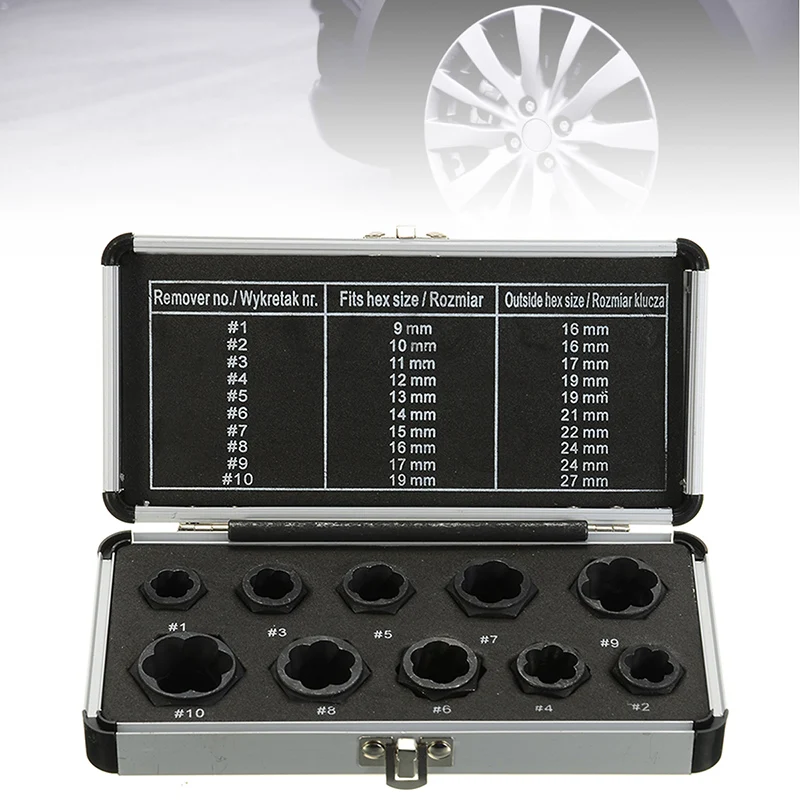 

11pcs Damaged Lug Bolt Nut Lock Screw Remover Twist Socket Set Extractor 9-19mm Metric Socket Threading Hand Tools Kit With Box