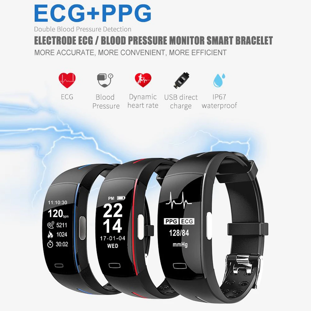 P3 ECG PPG Смарт-часы браслет usb кровяное давление пульсометр фитнес-трекер монитор спортивный шагомер IP67 водонепроницаемый браслет
