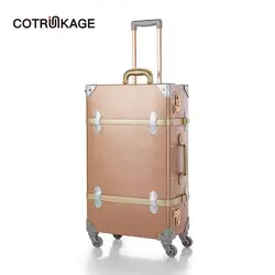 COTRUNKAGE розовое золото 20 "-26" Spinner колёса ретро чемодан из ПУ-кожи для женщин Магистральные винтажные чемоданы для девочек сумки на колёсиках