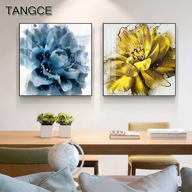 

Abstract Blooming Flower Canvas Painting Blue Yellow Prints and Posters for Living Room Modern Decor Expensive Wall Art Picture