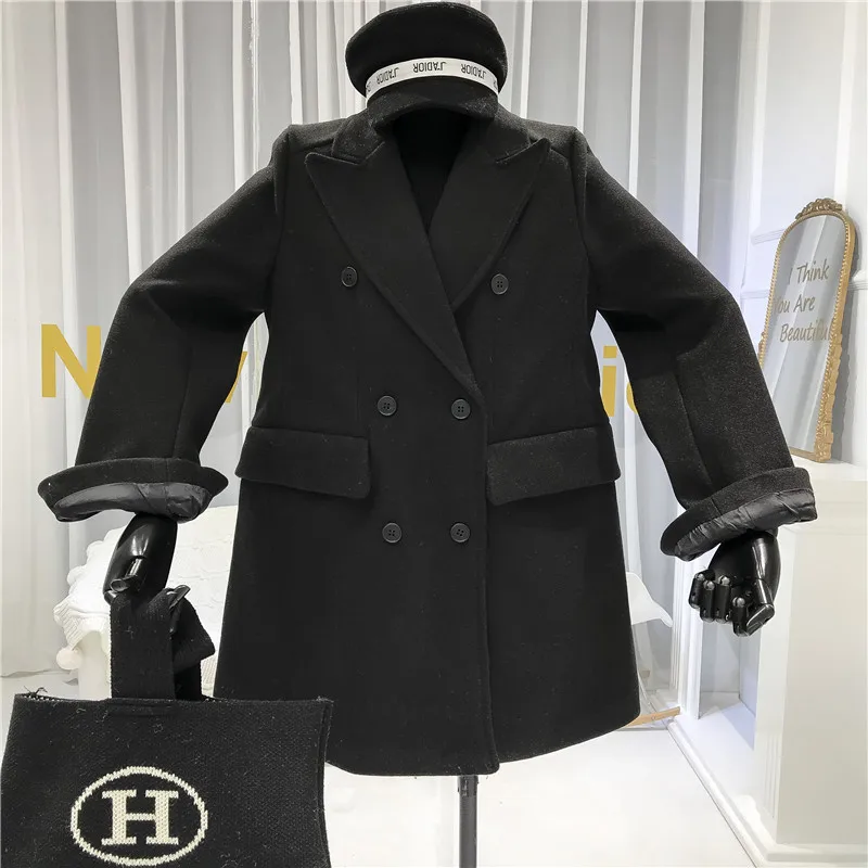 Двубортное зимнее пальто для женщин Abrigos Mujer Elegante отложной воротник на пуговицах однотонный Блейзер Куртка Теплый Толстый черный