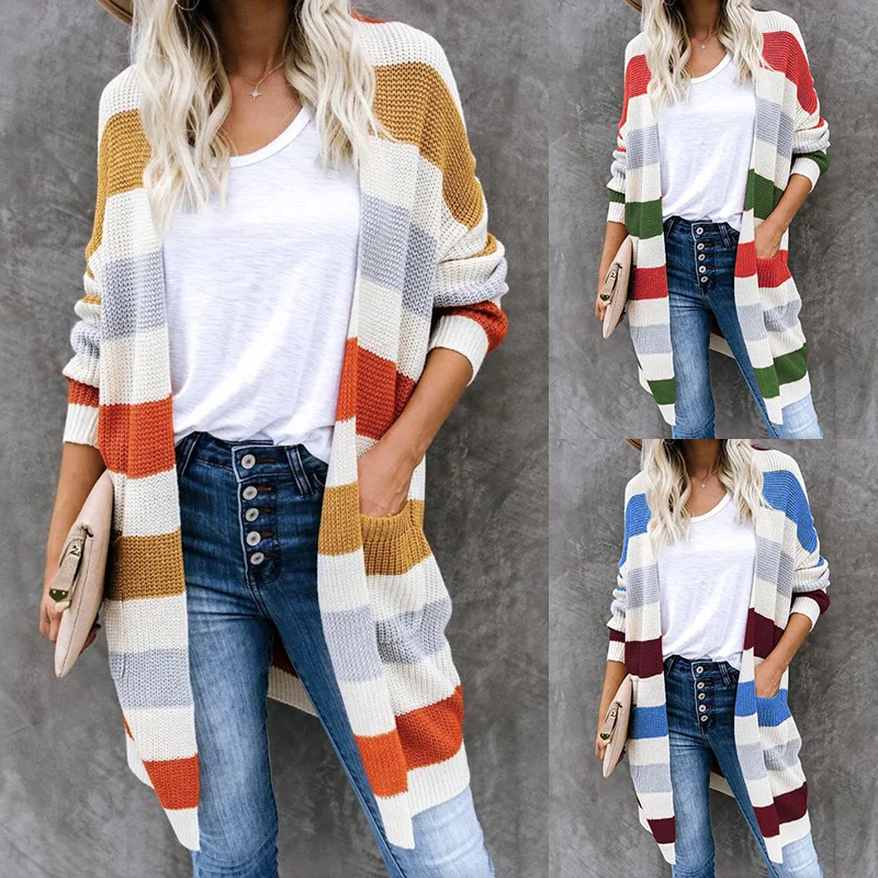 

Striped Stitching Sweater Cardigan Women Autumn Kimono Cardigan Mujer Long Sleeve Sweaters Loose Cardigans Coat Fashion Casual