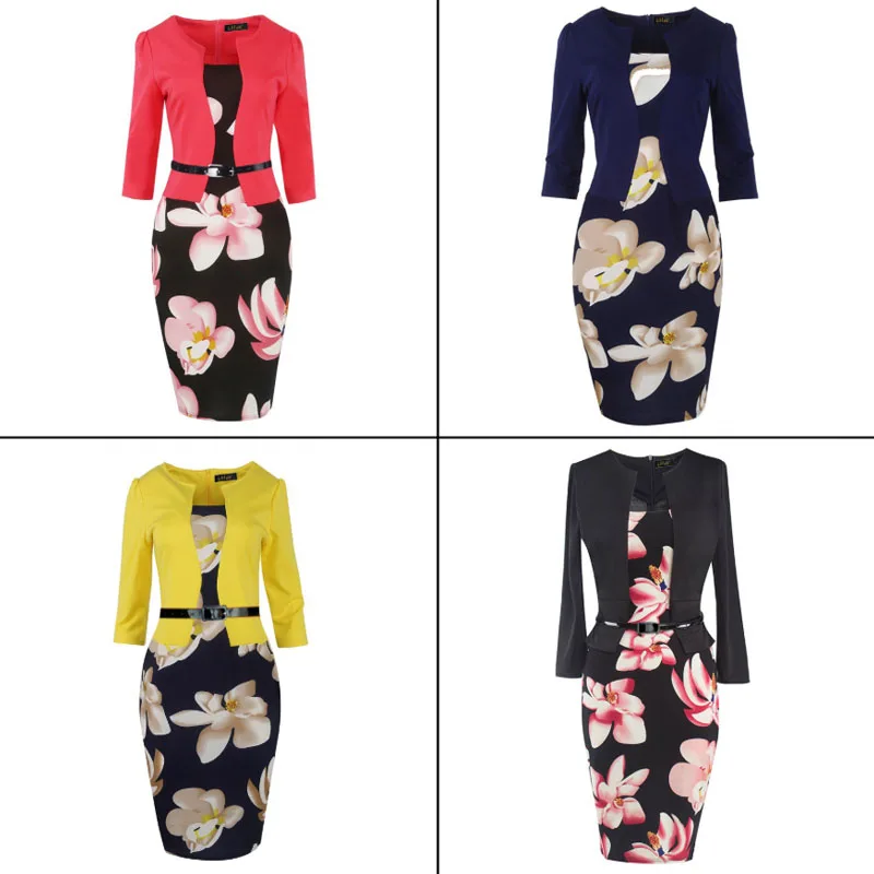 Formal Slim Office Ladies Dress Women Square Collar Puff Sleeve Pencil Dresses Autumn Spring High Waist Sashes Womens Dress