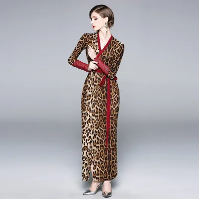 

Europe And America Soft Leopord Pattern Printed V-neck Sexy Slim Fit Sheath Even Cardigan Dress Hot Selling