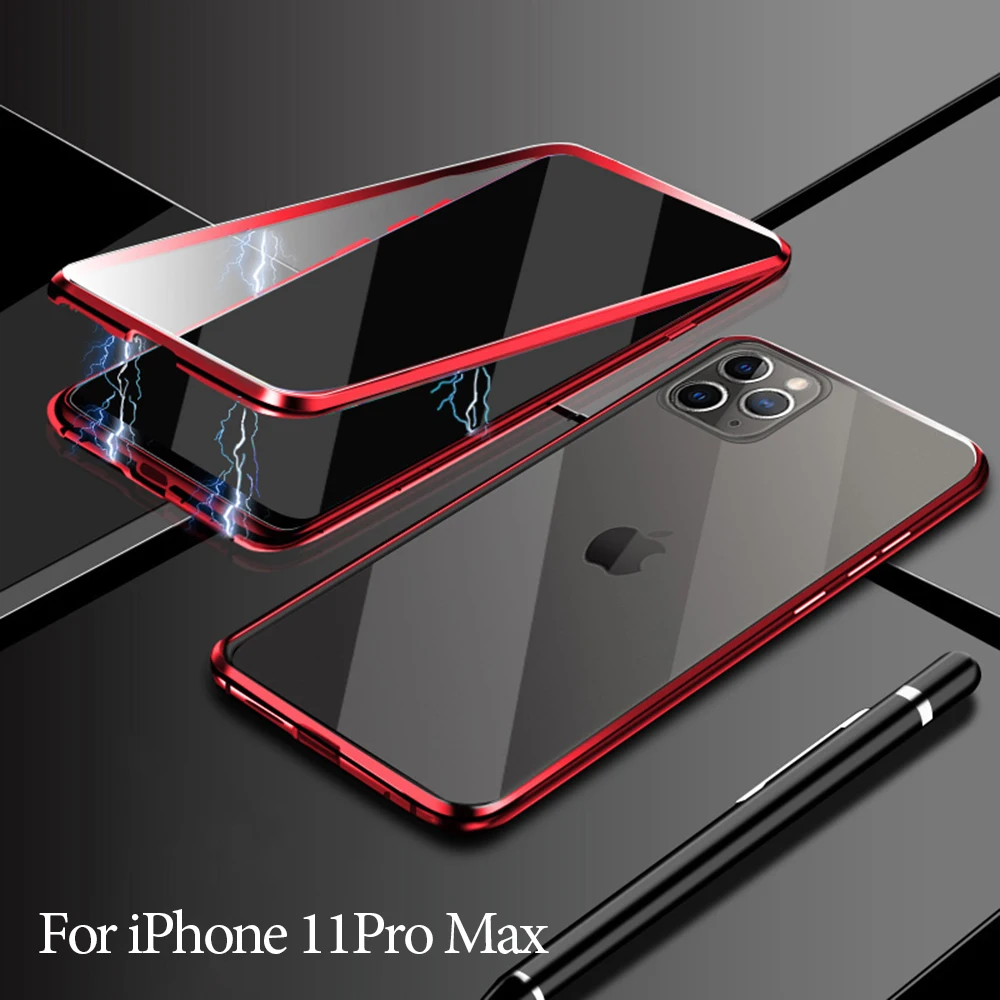 Red Металлический чехол с магнитной адсорбцией для iPhone 11, чехол из закаленного стекла для iPhone 11 Pro Max, чехол s, чехол-бампер - Цвет: Red