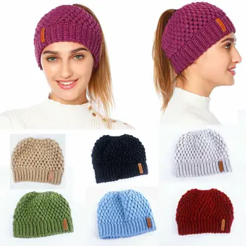 

Women Beanie Hat Ponytail Winter Warm Ski Cap Knitted Beanie Tail Fashion Casual Lady Girls Sport Elastic Soft Sport Hollow Cap