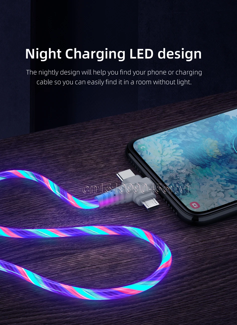 3in1 Flow Luminous Lighting usb cable for iPhone 13 12 11 Pro 3 in 1 2in1 LED Micro USB Type C 8-Pin charger for Huawei Xiaomi