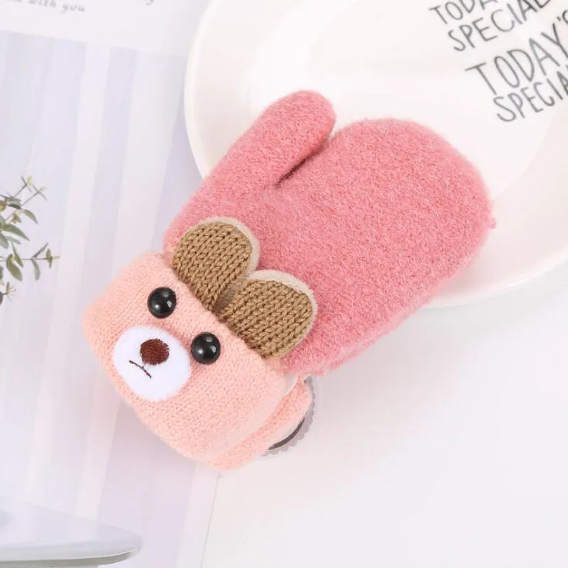 Dark Pink Для детей 0-3 лет, новые детские перчатки с милыми ушками и рисунком медведя, зимние вязаные шерстяные теплые детские перчатки с двойным бархатом - Цвет: Dark Pink