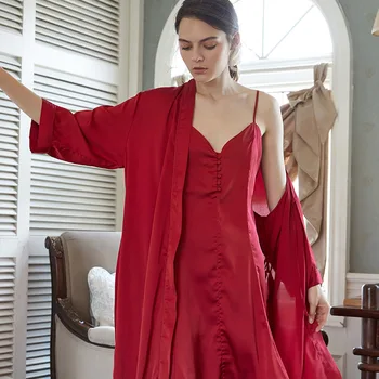 

Autumn Winter Fashion Women Nightwear Sexy Sling Silk Nightdress Three Quarter Sleeve V-neck Lace-up Home Nightrobe 2pcs Sets