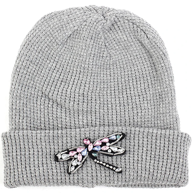 light gray Geebro, Женская кашемировая шапочка для взрослых со стрекозой, аксессуары из стразов, осенне-зимняя теплая шапка с манжетой, шапочки, шапка с черепом - Цвет: light gray