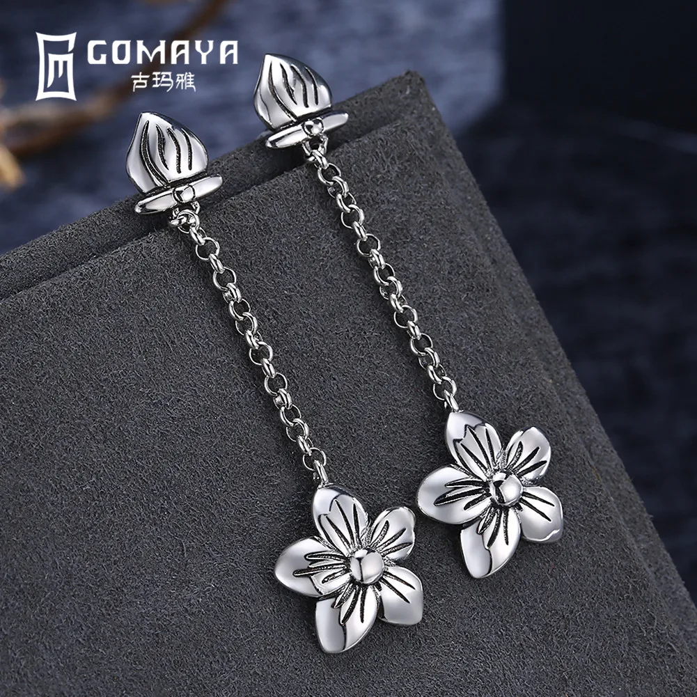 

GOMAYA 925 Sterling Silver Flower Drop Earrings Vintage Style for Women Lady Girls Gift Fine Jewelry