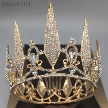 

JaneVini Shining Crystals Gold Bridal Crown and Headpieces Round Wedding Tiaras Hair Accessories Luxury Bride Girls Jewels 2020