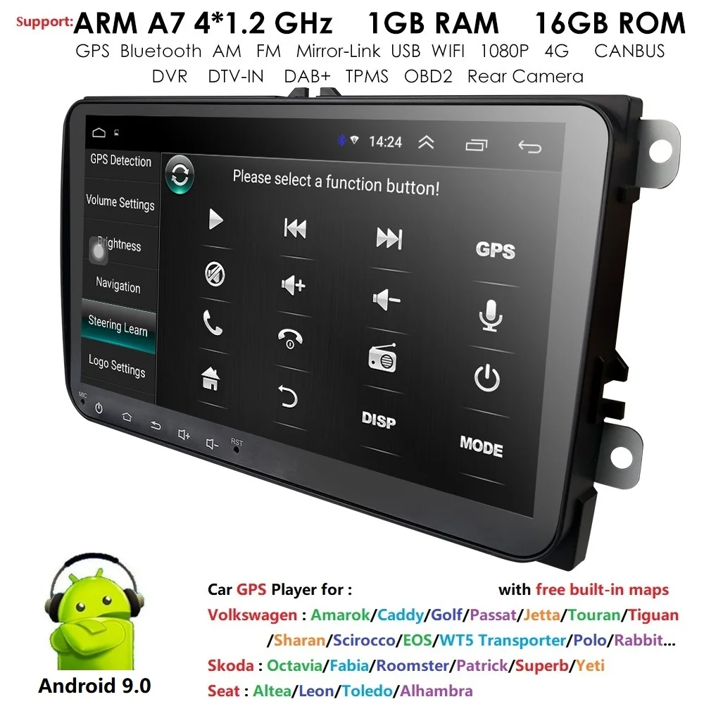 

Ossuret Car Multimedia player Android 9 GPS 2 Din Car Radio Audio Auto For VW/Volkswagen/POLO/PASSAT/Golf 4 Cores RAM 1G USB DVR