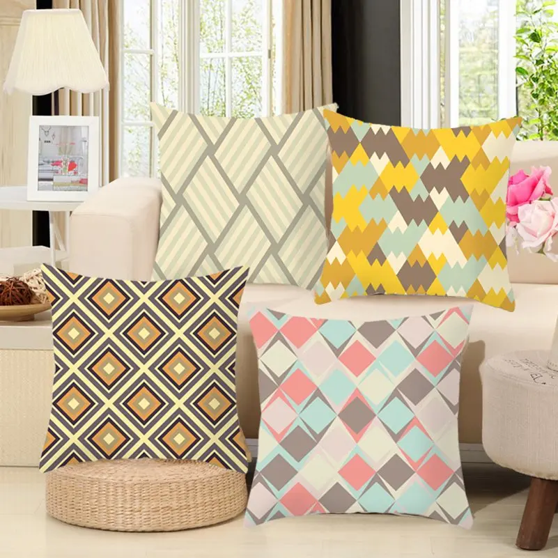 Geometric Cushion Cover Colorful Polyester Throw Pillow Case Wave Heart Dotted Grid Rhombus Geometric Cushion Cover Home Decor