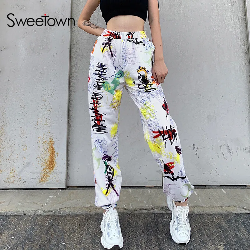 Sweetown Graffiti Baggy Women Jogger Sweatpants Casual Elastic High Waist Running Trousers Female Hip Hop Streetwear Harem Pants
