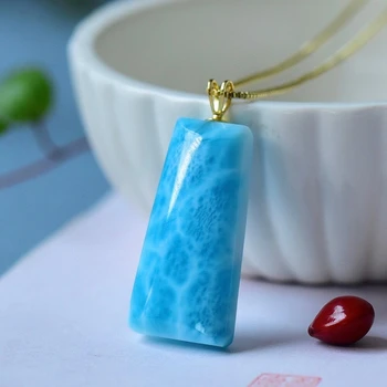 

Genuine Natural Blue Larimar Pendant Gemstone For Women Men Water Pattern 29*14*7.5mm Rectangle Necklace From Dominia AAAAA