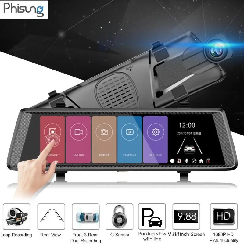 Phisung H900 Full HD 1080P Автомобильный видеорегистратор Камера 9,88 дюймов зеркало заднего вида Цифровая видеокамера авторегистратор