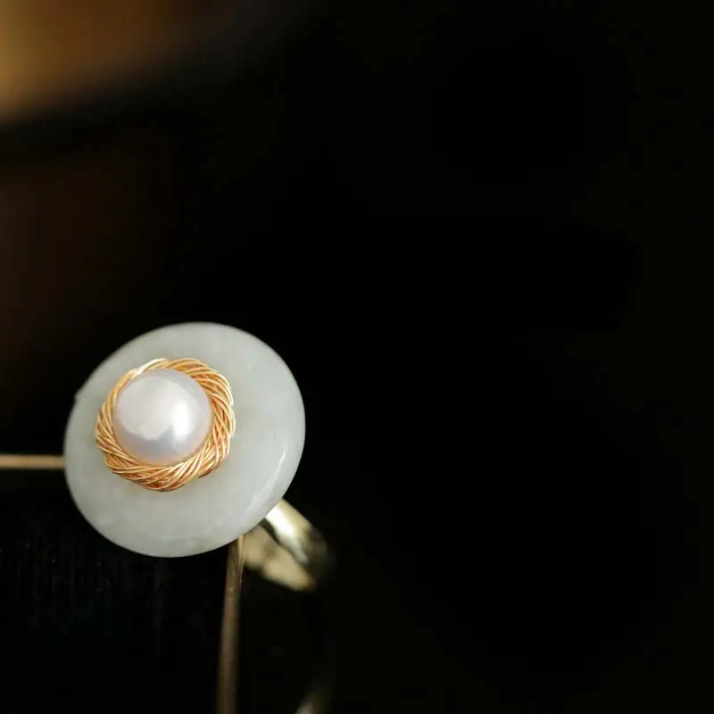 

DAIMI Handmade Pearl Ring Retro Style Simple Freshwater Pearl Jade Ring Temperament Ring