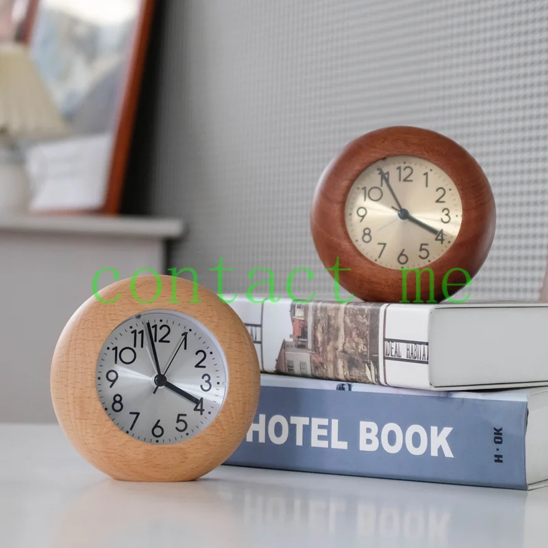 

[Small round egg alarm clock] Vintage wooden creative mute desk clock, bedroom bedside wake-up desk clock, multi-function