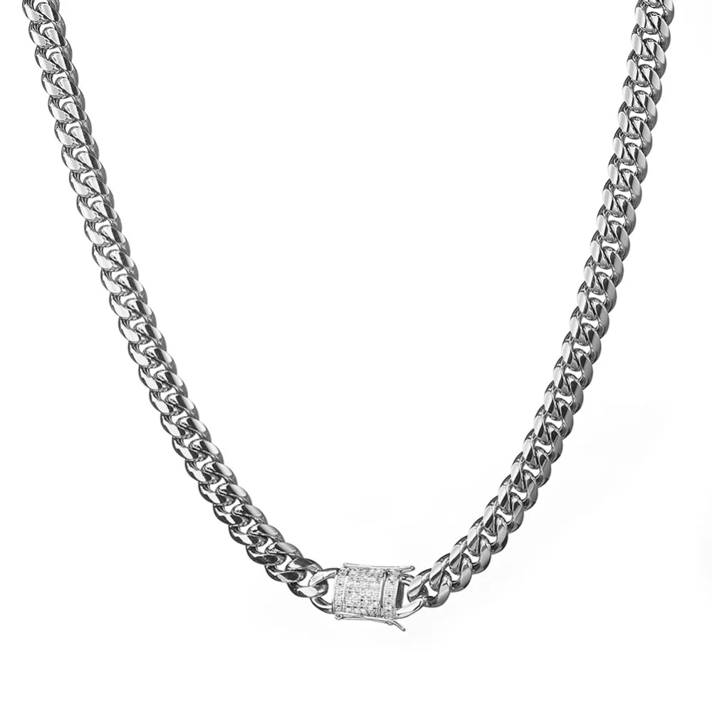 6-18 мм в ширину, нержавеющая сталь, кубинские цепочки, ожерелья, CZ Циркон, коробка с замком, большая тяжелая серебряная цепь для мужчин, хип-хоп рок ювелирные изделия