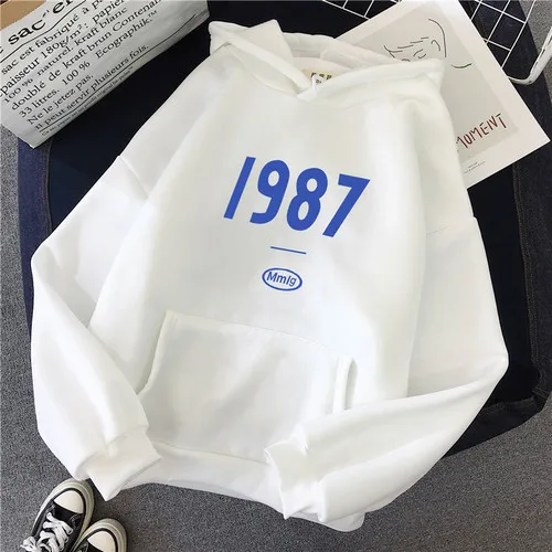 Осенний корейский женский свитер 1987 с принтом Harajuku Толстовка с карманом свободные пуловеры с длинным рукавом милый стиль Женские топы - Цвет: Белый