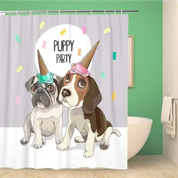 

Bathroom Shower Curtain Brown Puppies Pug and Beagle in Party Top Hat Polyester Fabric 72x72 inches Waterproof Bath Curtain Set