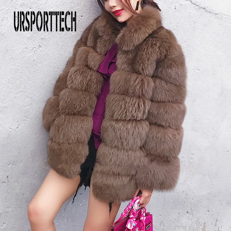 

URSPORTTECH Faux Brown Fox Fur Coat Women Teddy Coat Jacket Streetwear Autumn Winter Warm Fake Fox Fur Coats Outerwear Female