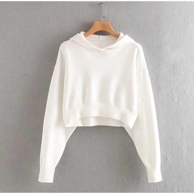 white Autumn Casual Solid Short Sweatshirt Pullover Women Long Sleeve Hooded Hoody Ladies Fall Kawaii Women's Hoodies Pullovers - Цвет: white